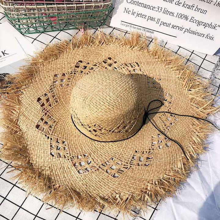 Women Summer Natural Raffia Straw Hat Girl Fashion Ribbon Floppy Shading Panama Wide Brim Sun Hats Vacation Travel Beach Hat Photo Color