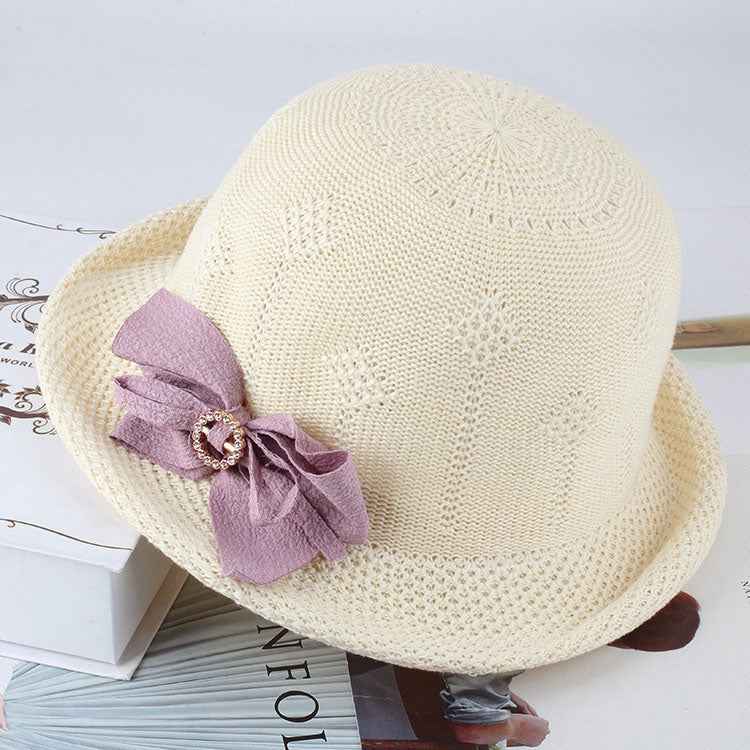 Korean-Inspired Floral Knitted Sun Hat for Women - Trendy Alice Style Shallow rice One size 57cm
