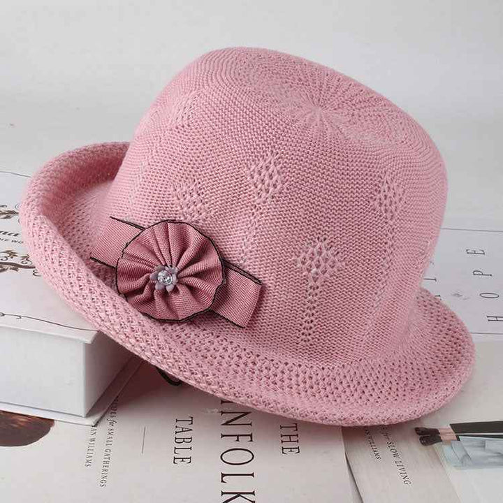 Korean-Inspired Floral Knitted Sun Hat for Women - Trendy Alice Style Flowers pink One size 57cm