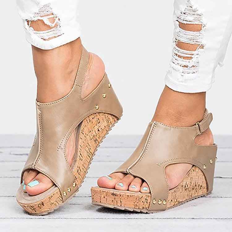 Roman Sandals Female Fish Mouth Thick Bottom Wedges Shoes Women Apricot