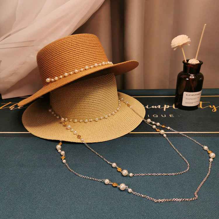 French Retro Pearl Chain Straw Hat - Elegant Accessory for Spring & Summer Chic Style
