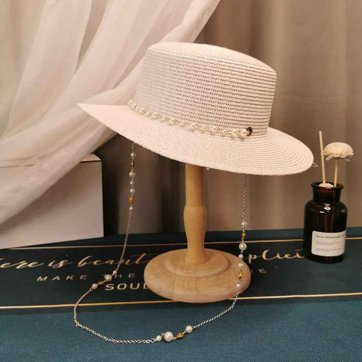 French Retro Pearl Chain Straw Hat - Elegant Accessory for Spring & Summer Chic Style White