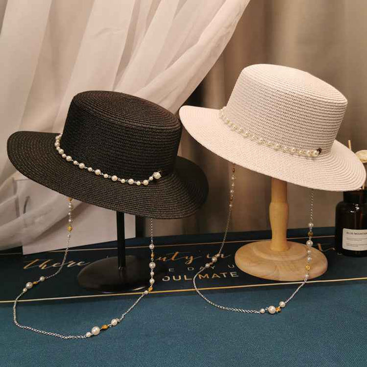 French Retro Pearl Chain Straw Hat - Elegant Accessory for Spring & Summer Chic Style