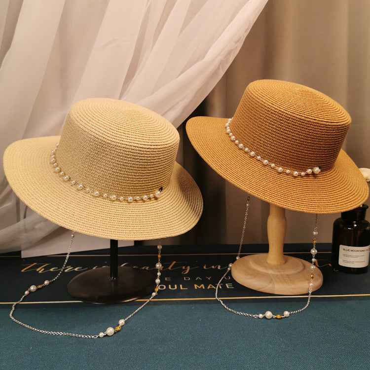 French Retro Pearl Chain Straw Hat - Elegant Accessory for Spring & Summer Chic Style