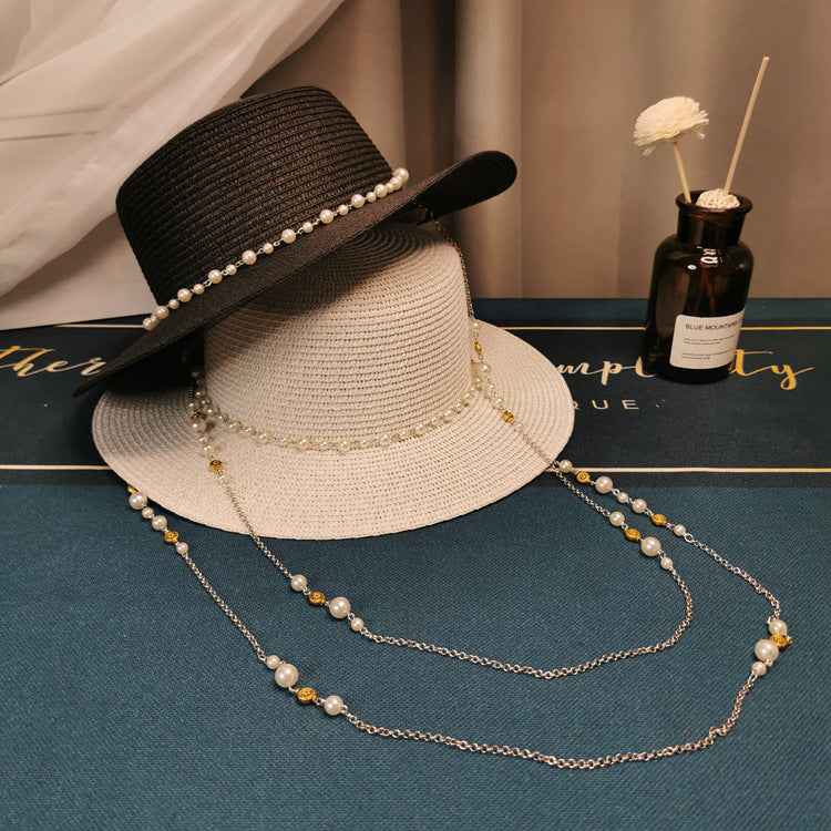 French Retro Pearl Chain Straw Hat - Elegant Accessory for Spring & Summer Chic Style