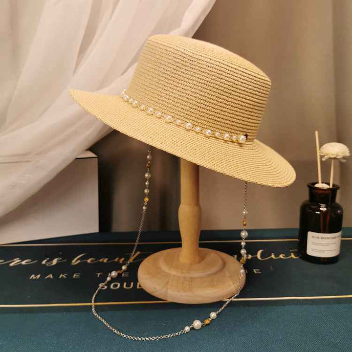 French Retro Pearl Chain Straw Hat - Elegant Accessory for Spring & Summer Chic Style Beige