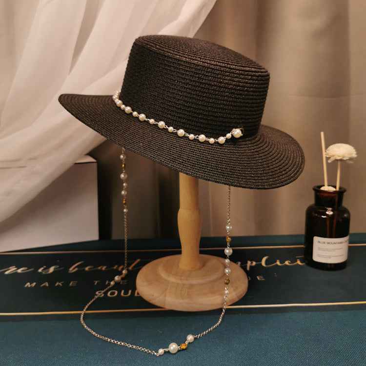 French Retro Pearl Chain Straw Hat - Elegant Accessory for Spring & Summer Chic Style Black
