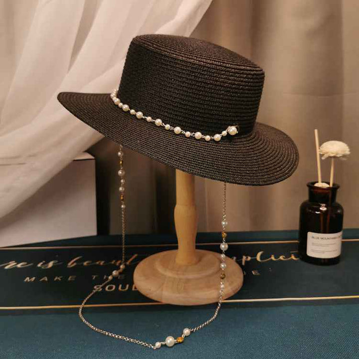 French Retro Pearl Chain Straw Hat - Elegant Accessory for Spring & Summer Chic Style Black