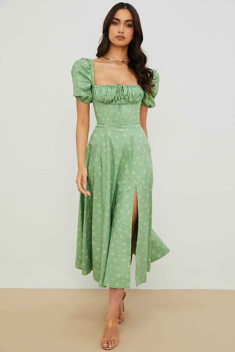 Women's A-Line Midi Dress with Ruched Top, Puff Sleeves, and Breathable Fabric Green