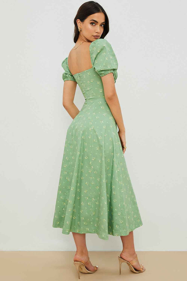 Women's A-Line Midi Dress with Ruched Top, Puff Sleeves, and Breathable Fabric