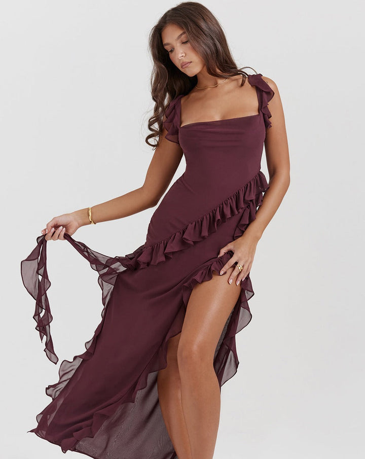 Women's Elegant One-Shoulder Evening Dress with Ruffles and High Slit Burgundy