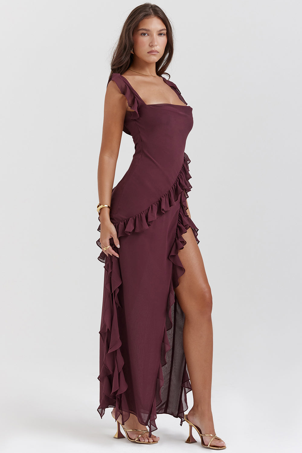 Women's Elegant One-Shoulder Evening Dress with Ruffles and High Slit