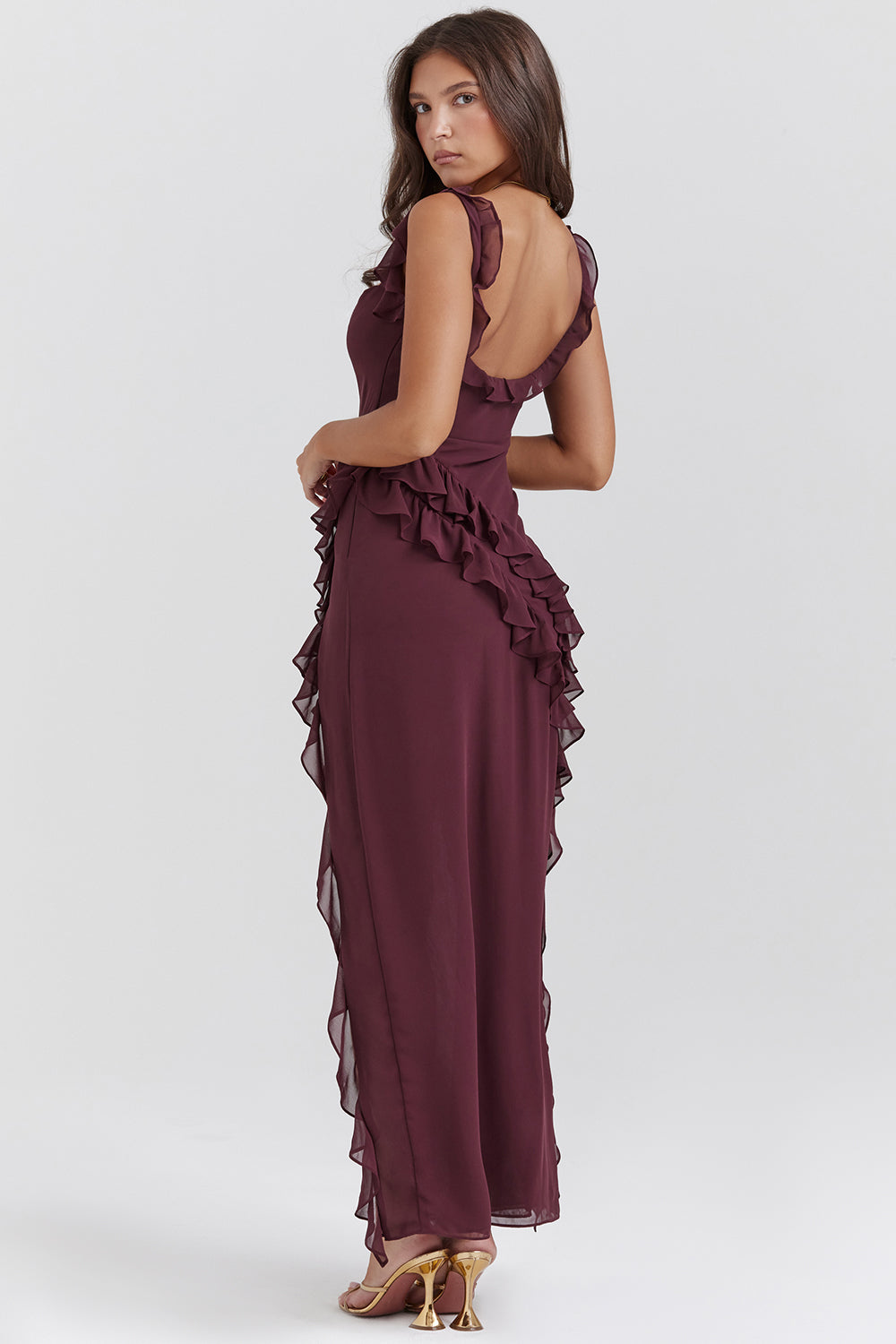 Women's Elegant One-Shoulder Evening Dress with Ruffles and High Slit