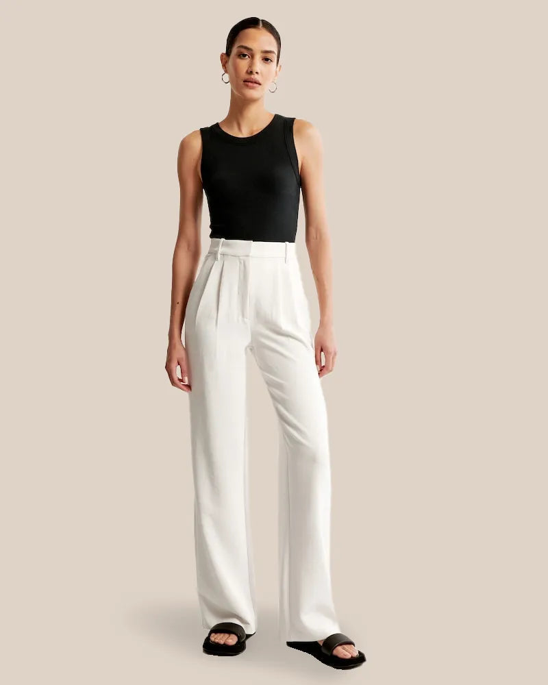 Jiska | Women's Stylish High Waist Wide Leg Trousers - Trendy & Comfy White