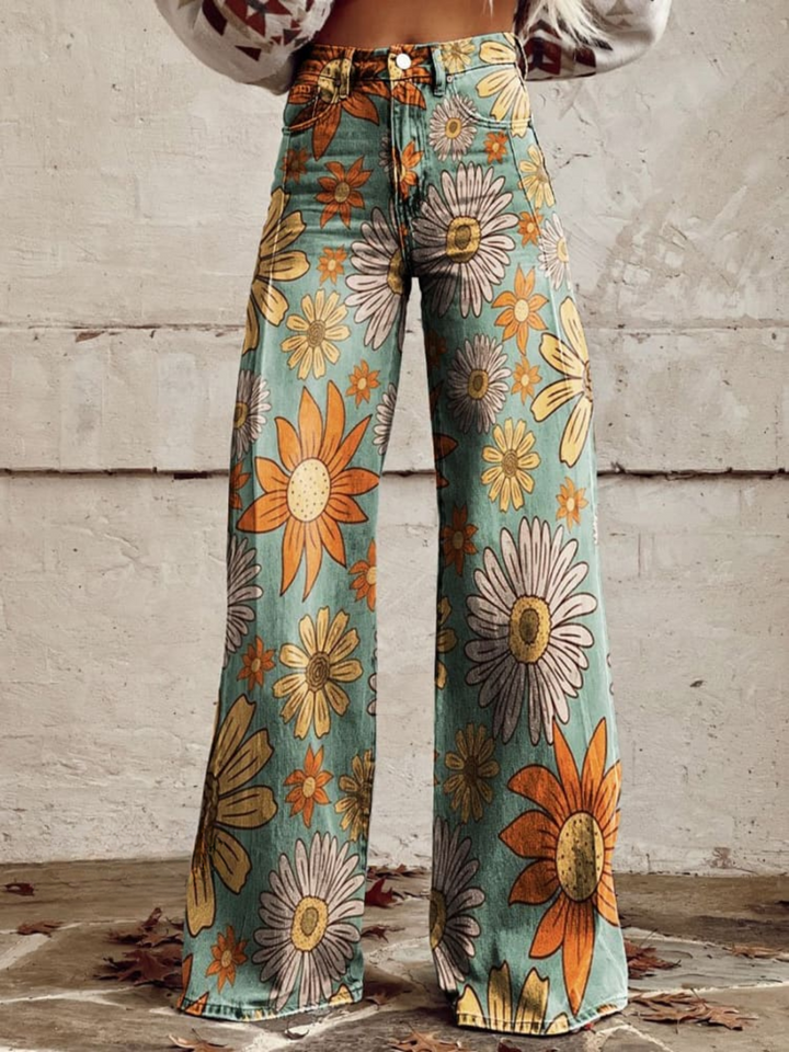 Women's High Waist Wide Leg Jeans - Vintage Floral Print Fashion Statement
