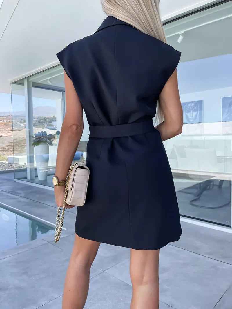 Women's Fitted Sleeveless Blazer Dress – Double-Breasted with Belt – Formal Style