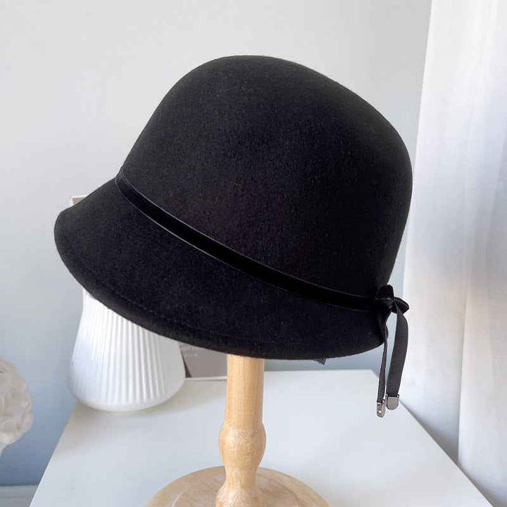 Wool Felt Hats Fine Bow Ladies Black Adjustable