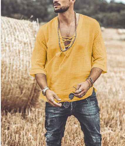 Men's Relaxed Fit Shirt – Breathable V-Neck with Lace-Up Yellow