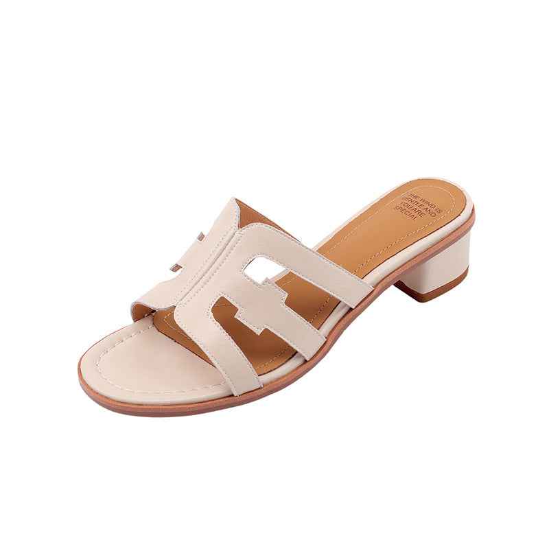 Women's Fashionable Simple Cowhide Low Heel Round Toe Slippers Beige