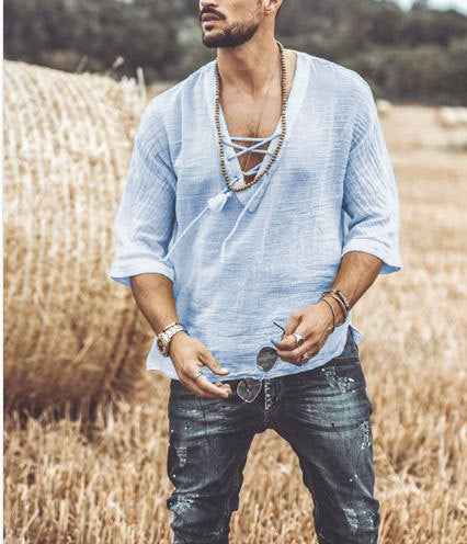 Men's Relaxed Fit Shirt – Breathable V-Neck with Lace-Up Blue