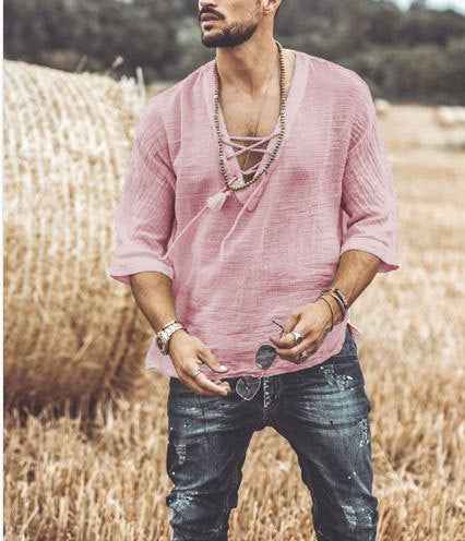 Men's Relaxed Fit Shirt – Breathable V-Neck with Lace-Up Red