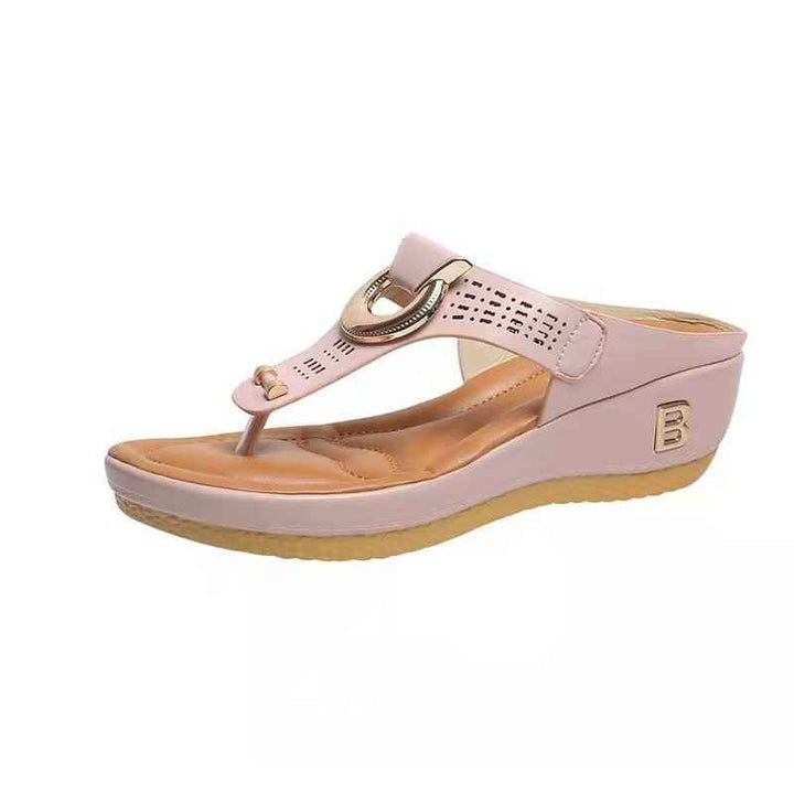 Women's High Heel Wedge Thong Sandals with Metal Accents Pink