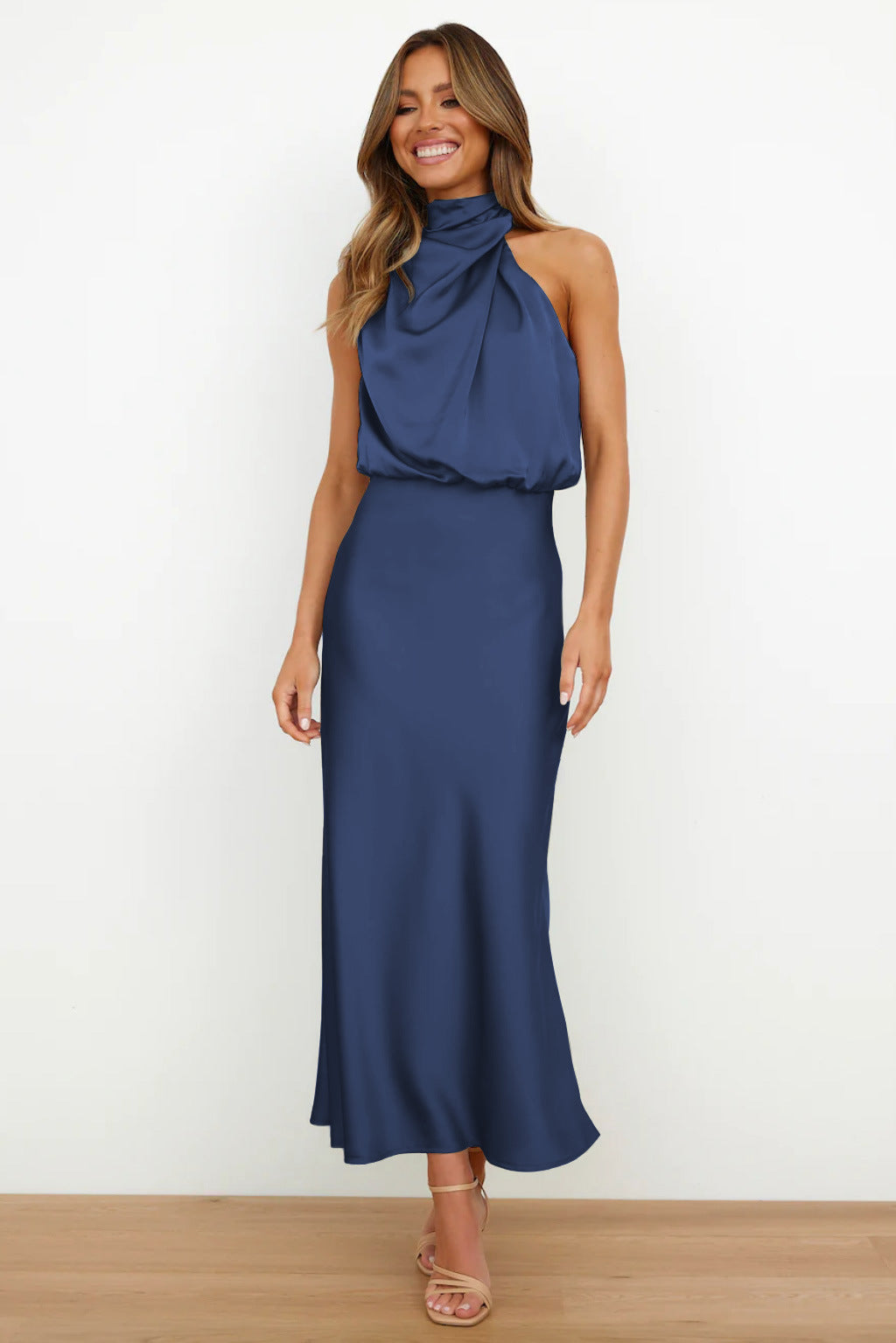 Women's Long Satin Halterneck Dress Navy