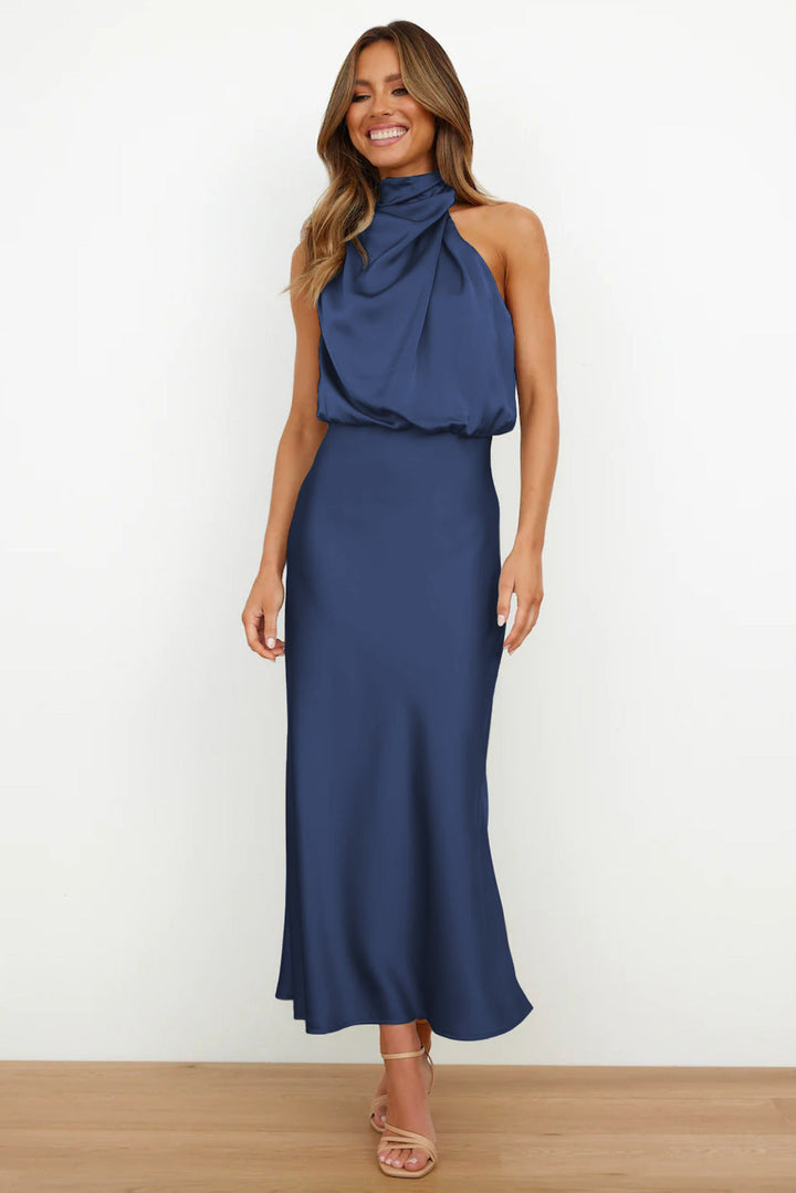 Women's Long Satin Halterneck Dress Navy
