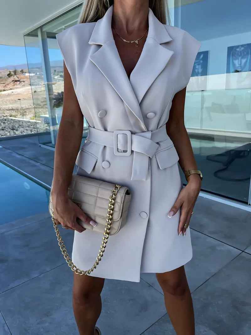 Women's Fitted Sleeveless Blazer Dress – Double-Breasted with Belt – Formal Style Grey
