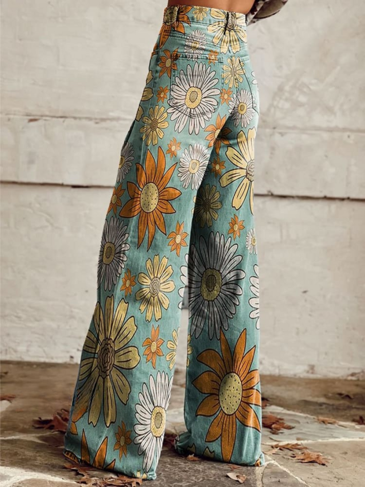 Women's High Waist Wide Leg Jeans - Vintage Floral Print Fashion Statement Multicolor