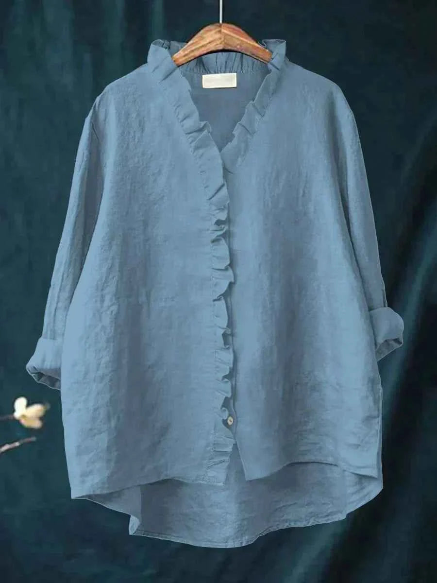 Women's Casual Ruffle V-Neck Blouse Blue
