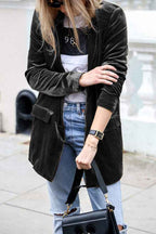 Women's Velvet Blazer - Chic Long Coat for Casual & Elegant Styles Black