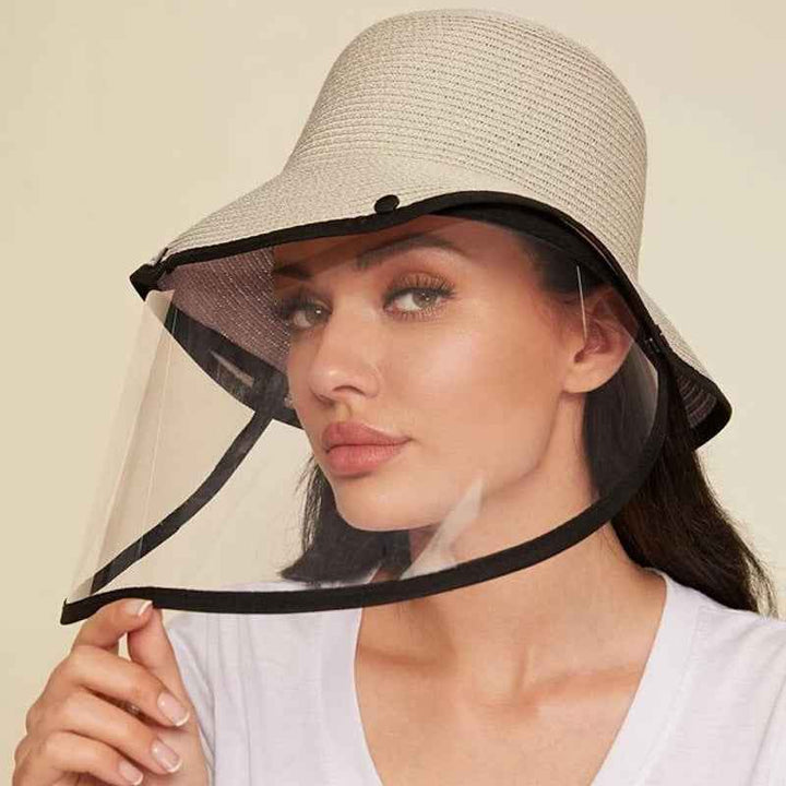 Contrast Trim Straw Hat With Detachable Face Shield Khaki