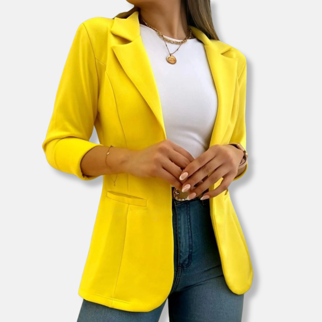 Women's Tailored Blazer – Three-Quarter Sleeve – Classic Lapels – Flap Pockets Yellow