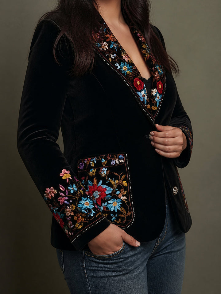 Women's Black Floral Embroidered Lined Blazer Jacket