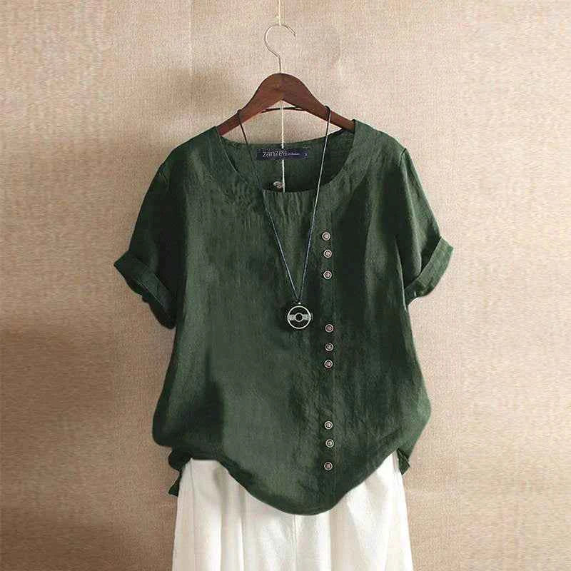 Women's Short Sleeve Button-Up Linen Blouse Green
