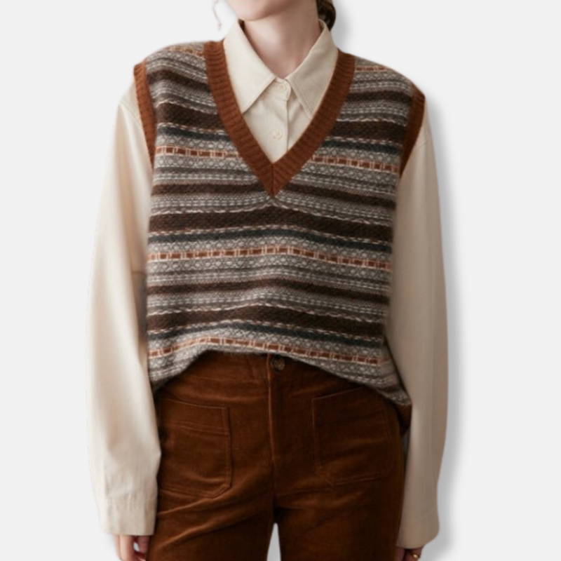 Women's Fair Isle Ribbed Trim Relaxed Fit Vest Brown