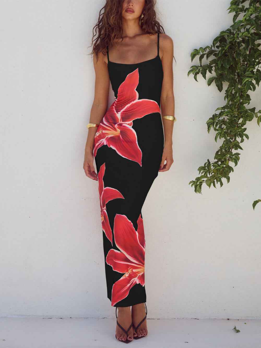 Women's Abstract Floral Print Maxi Dress Black