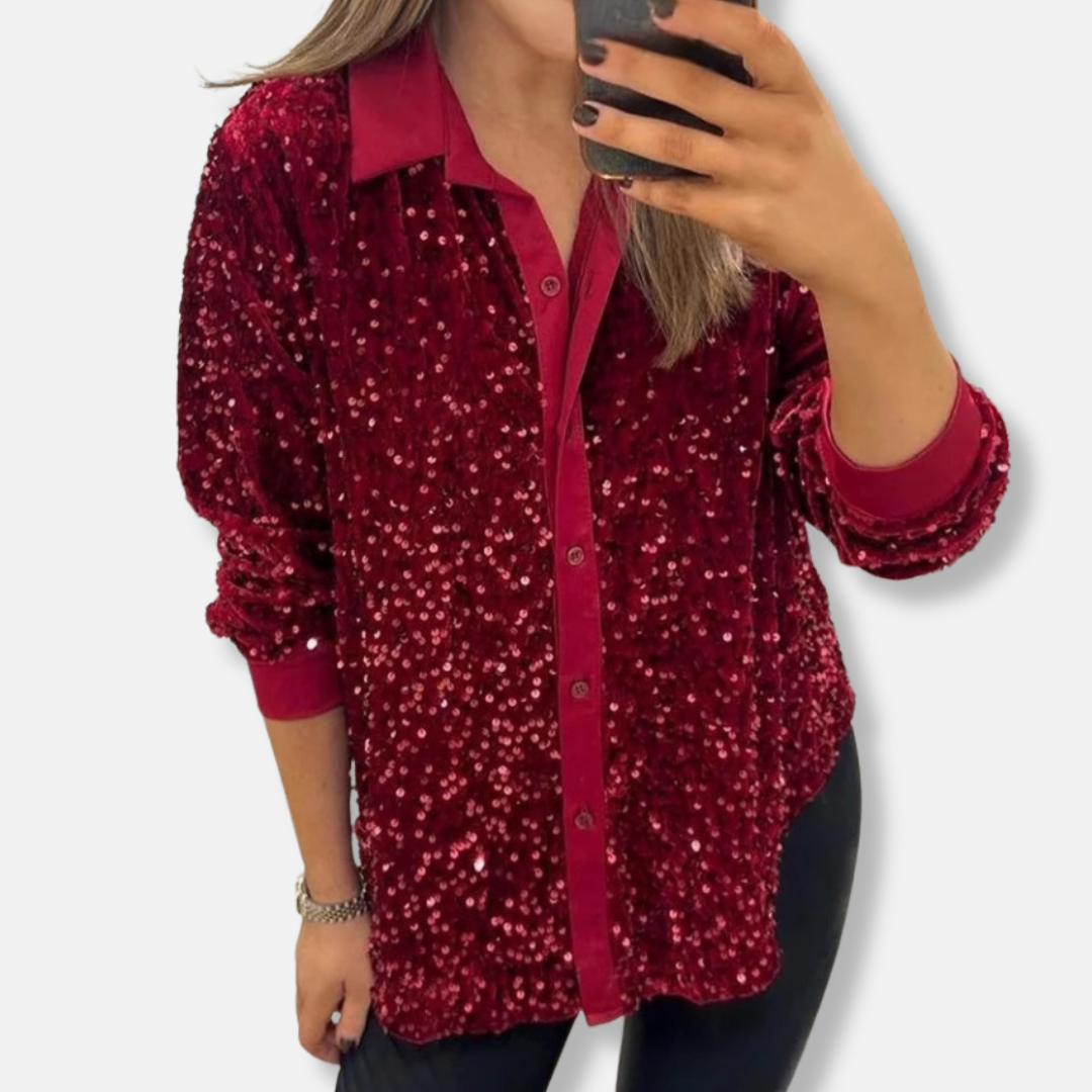 Women's Relaxed Fit Sequin Blouse with Button Closure – Festive Shine Red