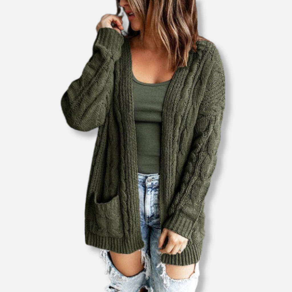 Women's Relaxed Fit Cable Knit Cardigan with Open Front and Pockets - Wool Blend Army Green