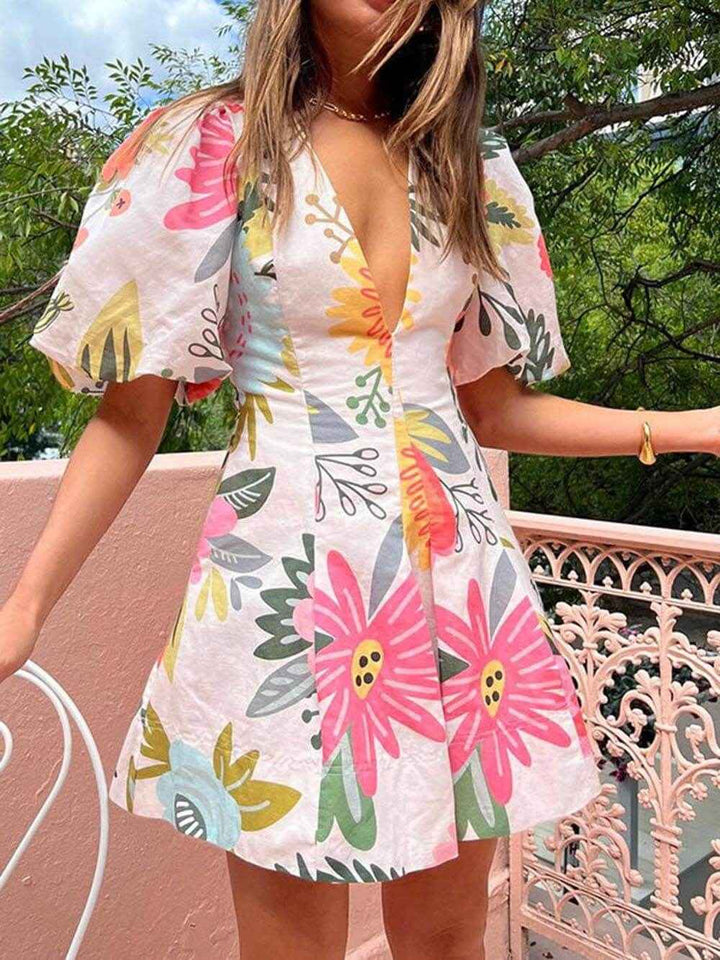 Women's Floral Print Mini Dress with Puff Sleeves and Pockets