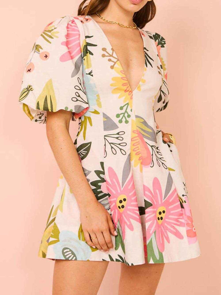 Women's Floral Print Mini Dress with Puff Sleeves and Pockets