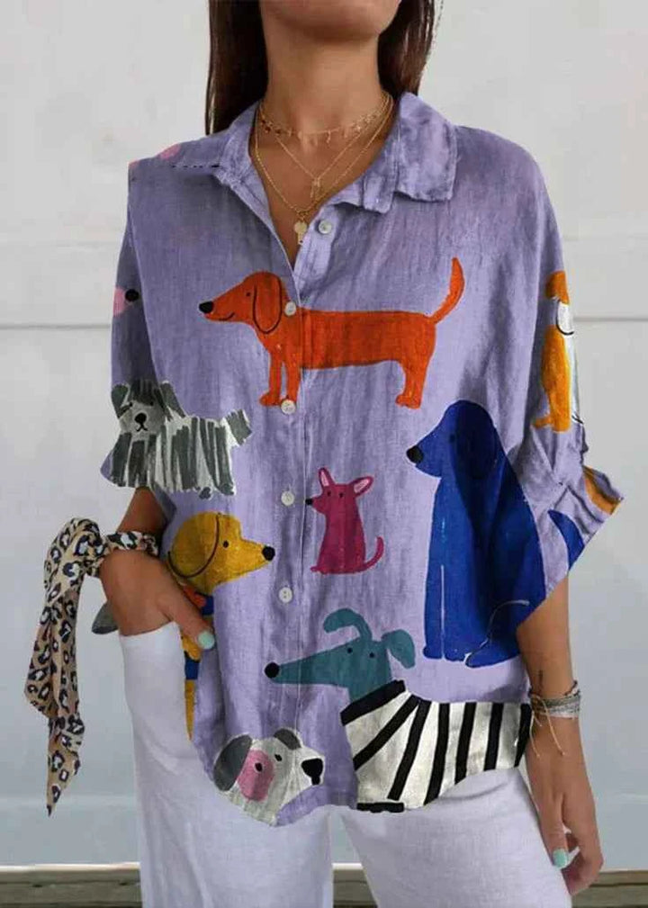 Women’s Casual Printed Shirt with Turn-Down Collar Purple