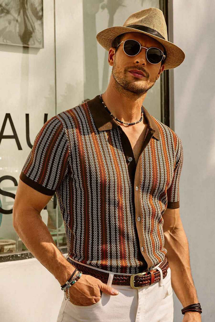 Men's Slim Fit Polo Shirt – Retro Stripes – Short Sleeve – Breathable Tricot Brown