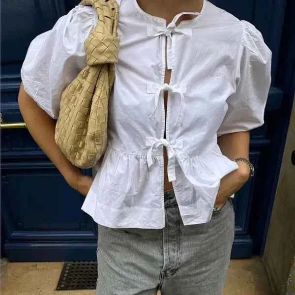 Women's Lightweight Striped Blouse with Puff Sleeves - Loose Fit White