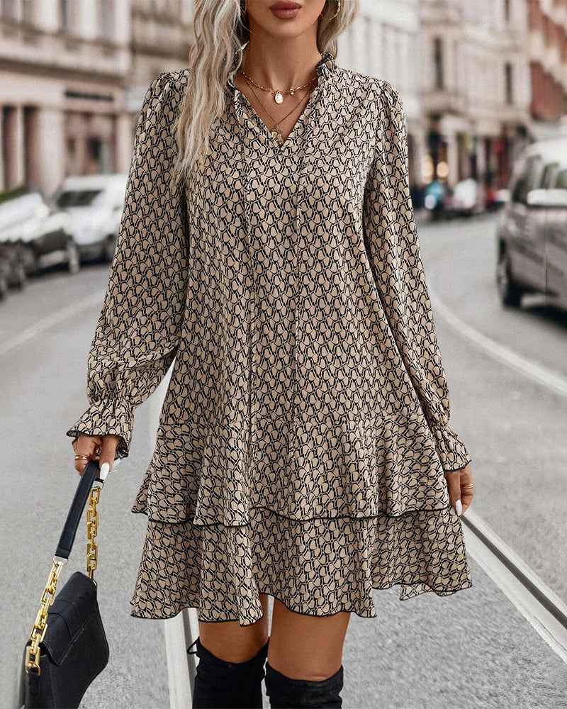Women's V-Neck A-Line Dress - Long Puff Sleeves with Ruffles and Pattern