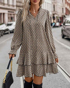 Women's V-Neck A-Line Dress - Long Puff Sleeves with Ruffles and Pattern