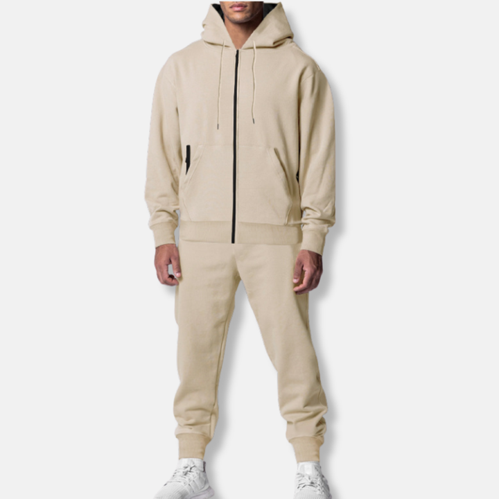 Men's Relaxed Fit Tracksuit – Zip-Up Hoodie with Pockets – Ribbed Cuffs Champagne