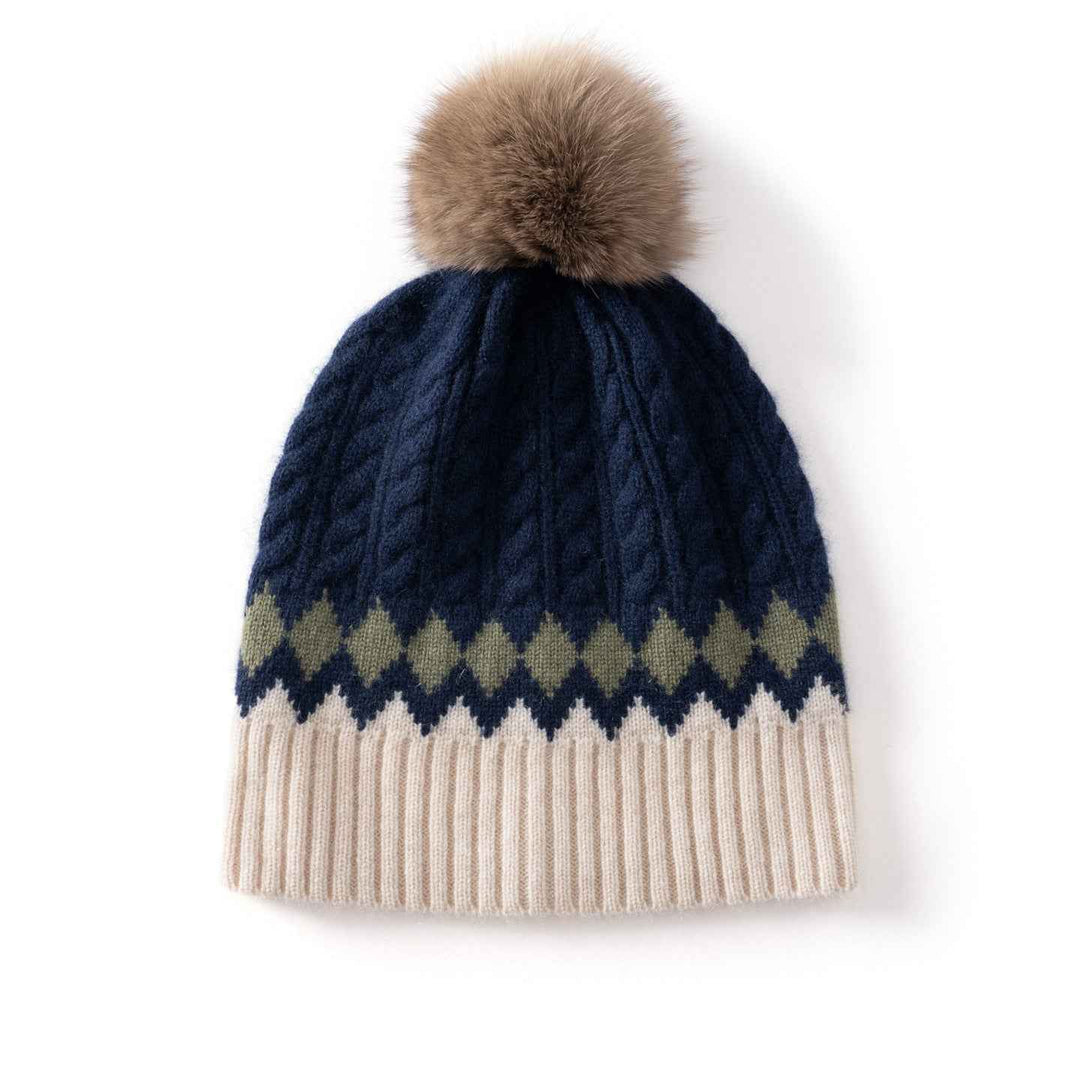 Cozy Cable Knit Beanie with Fur Pom-Pom Navy Blue