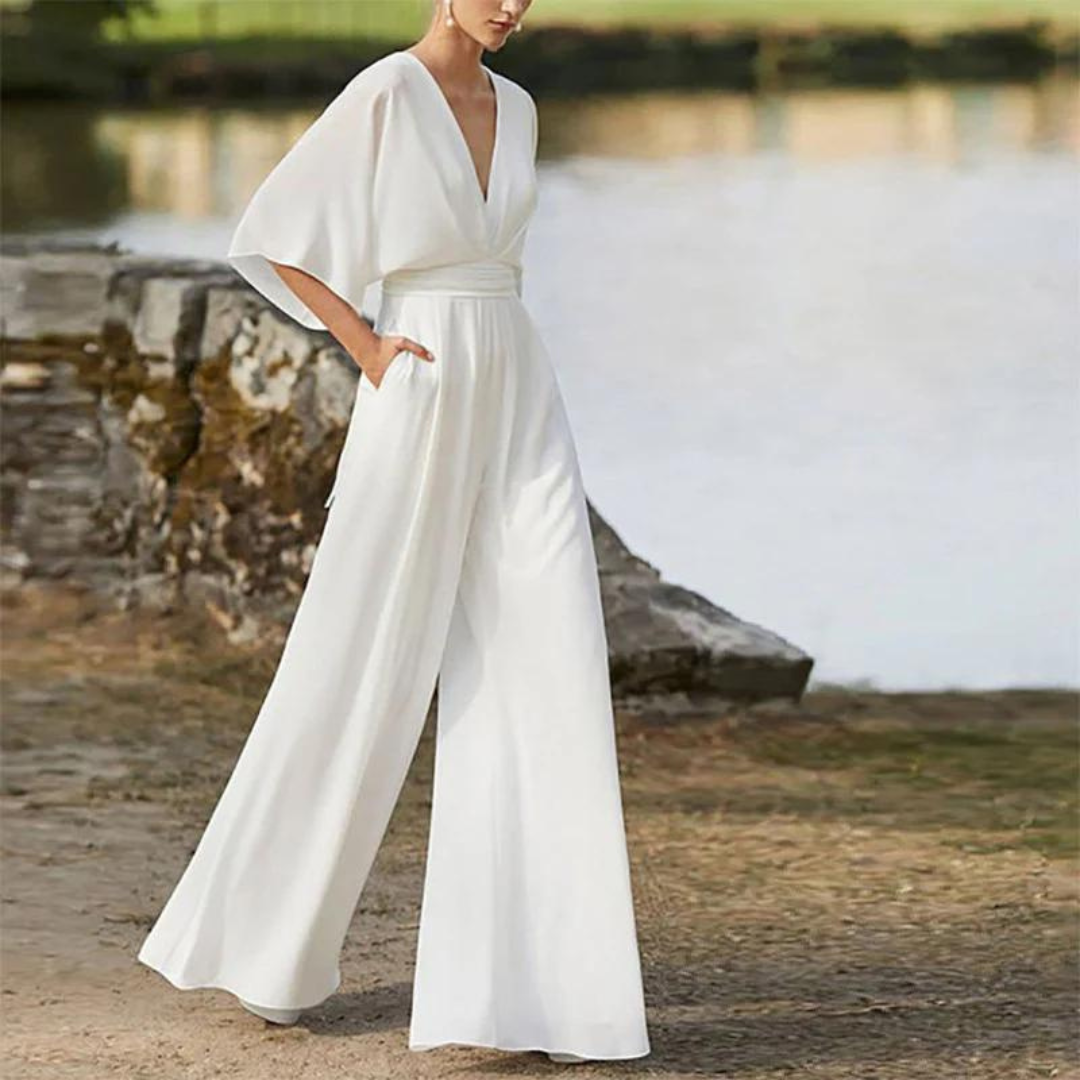 Women's Relaxed Fit Jumpsuit – Deep V-Neck, Half Sleeves, Wide Legs – Breathable Design White